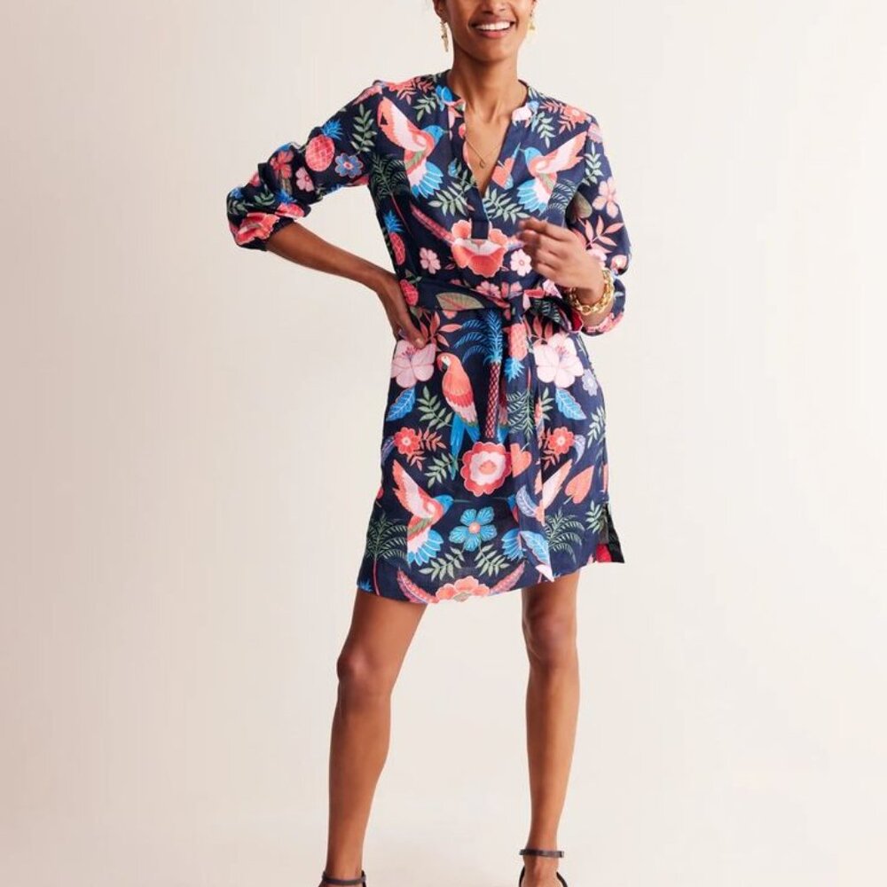 Boden Cleo Floral Print Long Sleeve Linen Dress In Multi Tropic Parrot Size 14L